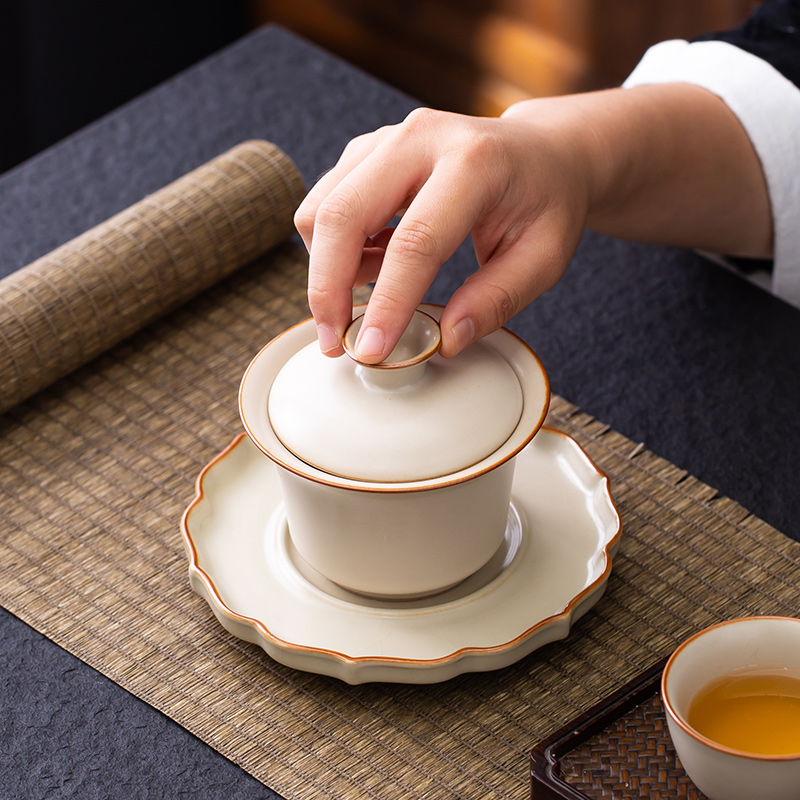 米黄汝窑三才盖碗茶杯陶瓷开片可养泡茶碗单个家用功夫茶具敬茶杯