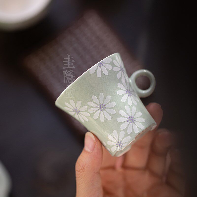圭隐堂纯手绘雏菊粉引陶瓷茶杯家用女士主人杯带把品茗杯个人单杯