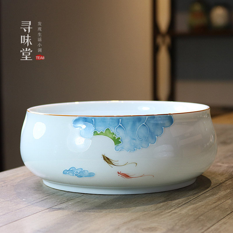 浮雕手绘大茶洗雅致甜白瓷大号杯洗笔洗茶渣盆陶瓷家用功夫茶具