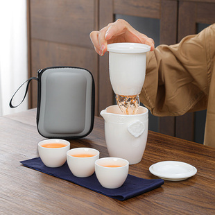 智典羊脂玉瓷快客杯便携式 一壶三杯功夫泡茶杯 防烫旅行茶具小套装