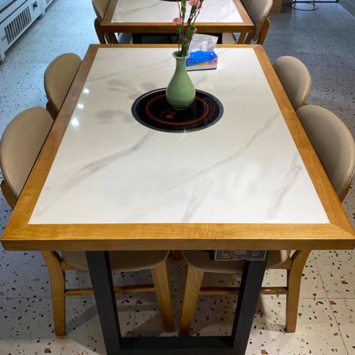 实木餐桌大理石火锅桌椅电磁炉烤涮一体无烟商用餐桌椅卡座组合