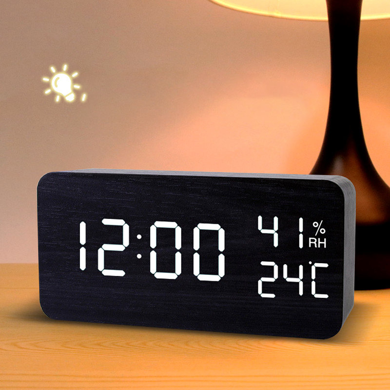 创意木质电子时钟静音充电数字闹钟桌面床头卧室台钟夜光钟表智能