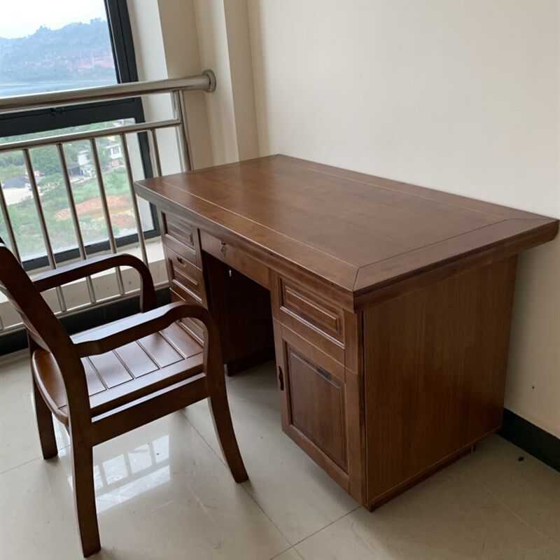 实木书桌书椅卧室桌子写字台老式办公桌抽屉带锁依然红家具电脑桌