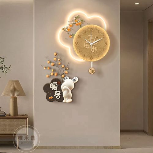 奶油风餐厅装饰画带钟表暖居电视背景墙挂画入户正对门高级感壁画