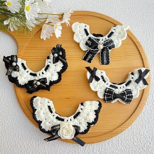 25秋宠物针织围脖小香风猫咪围领公主风黑色狗狗围巾蝴蝶结口水巾