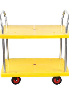 黄色双层手推车电商拣货物流小推车四轮多层围栏车摆摊工具平板车