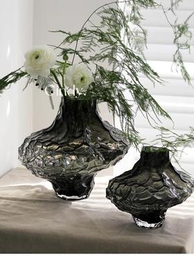 美学山谷纹烟灰色不规则玻璃花瓶 北欧ins风家居装饰 摆件