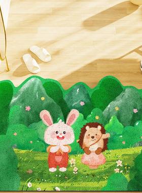 卡通绿色森林丝圈入户门垫进门免洗pvc可裁剪防滑耐脏奶油风脚垫