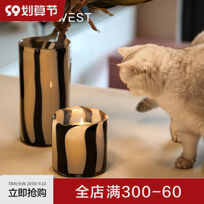 BESTWEST复古条纹烛台香薰蜡烛家用高级感客厅软装氛围感中古摆件