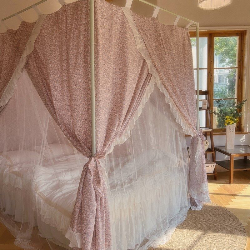 宫廷家用卧室宿舍双层蚊帐床帘一体式床幔防尘顶遮光花边布帘挡风