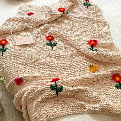 手工复古棒针粗毛线毯子立体花朵针织毯床尾巾毯冰条绒毛沙发毯