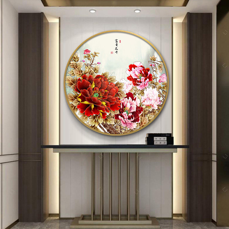 玄关装饰画饭厅餐厅进门挂画中堂过道走廊尽头壁画隔断牡丹花壁灯