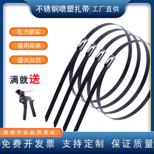 304喷塑不锈钢扎带4.6*300黑色金属扎带船用束线带标牌电缆扎丝