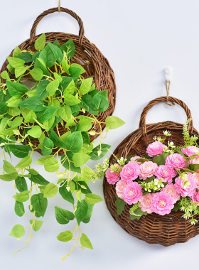 墙上装饰壁挂花篮藤编客厅创意墙面挂件干花仿真花壁挂花花藤套装
