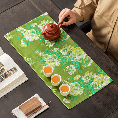 哲明 织锦缎牡丹个人小茶席宫廷提花双面加厚隔热茶桌旗茶道席方