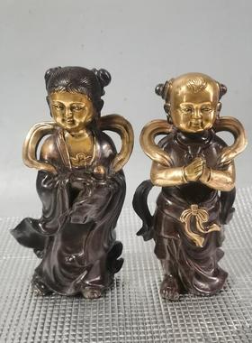 铜鎏金善财童子金童玉女供奉家用家居龙女佛像客厅铜摆件