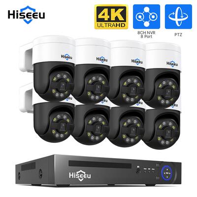 Hiseeu有线POE 4K监控套装室外8MP全彩夜视360度旋转全景摄像头