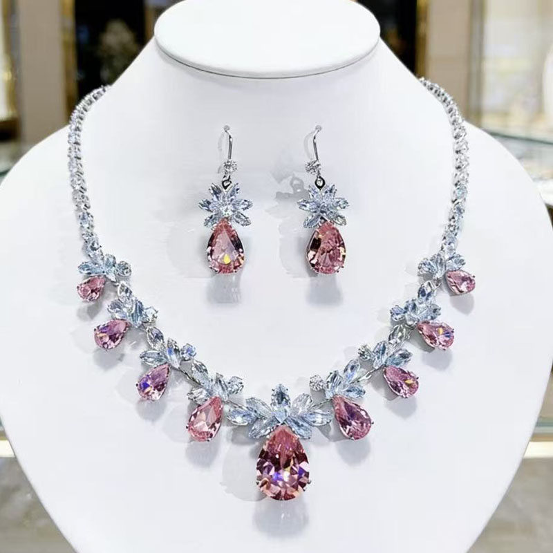 粉蓝锆石项链耳环套装女水滴轻奢新娘宴会礼服配饰水晶首饰套饰,饰品/流行首饰/时尚饰品新,项链,淘宝优惠券,粉丝福利购,淘宝优惠卷