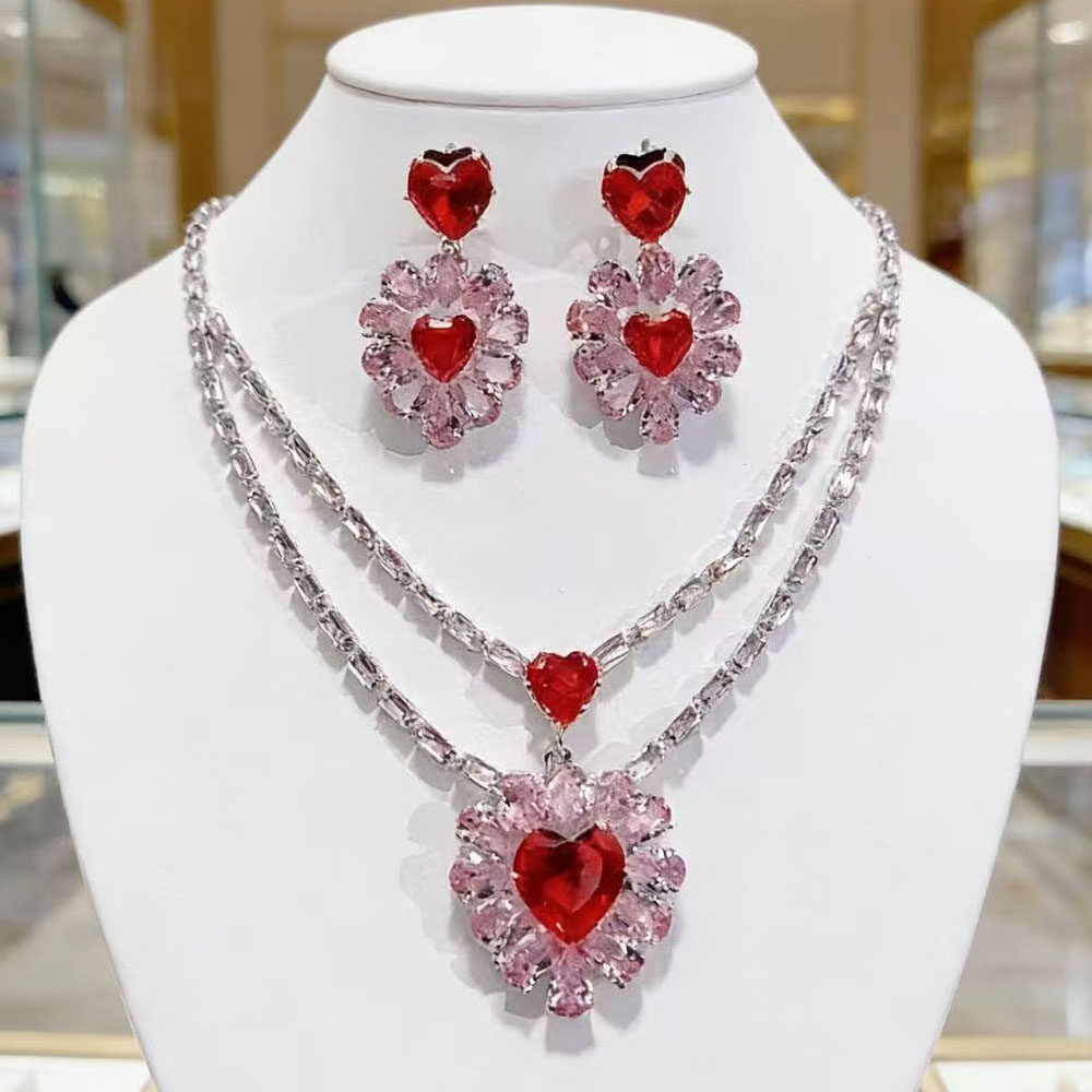 红爱心锆石首饰套装女 婚礼宴会婚纱配饰心形水晶项链耳环套饰,饰品/流行首饰/时尚饰品新,项链,淘宝优惠券,粉丝福利购,淘宝优惠卷