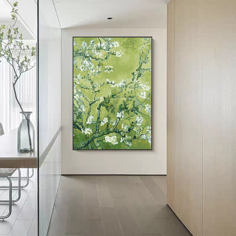 竖版大幅梵高杏花DIY填色数字油彩画客厅卧室玄关绿色花卉装饰画