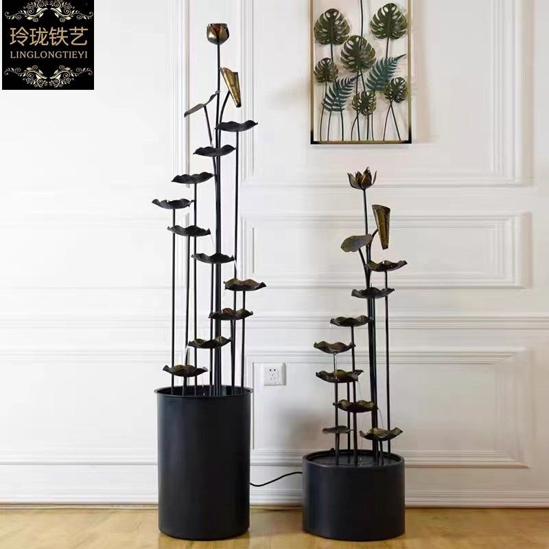 现代铁艺流水摆件会所客厅电视柜旁室内加湿喷泉水景落地景观装饰