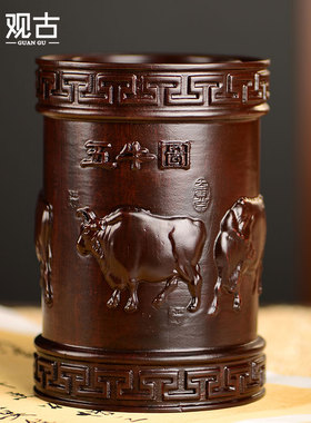 黑檀木雕五牛笔筒工艺品办公室书桌家居客厅木质中式笔筒摆件送礼