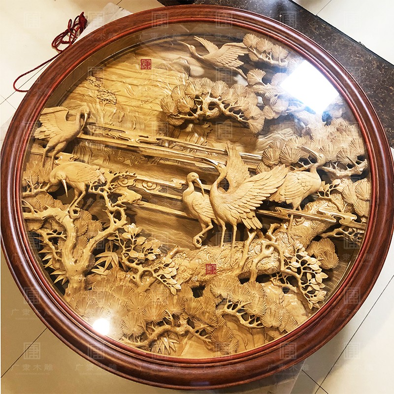 东阳木雕松鹤延年双层雕花圆盘挂件手工雕刻背景墙壁挂松鹤山水图