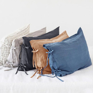 水洗纯亚麻绑带枕套纯色家用枕头套夏季亲肤单个48*74不起球定制