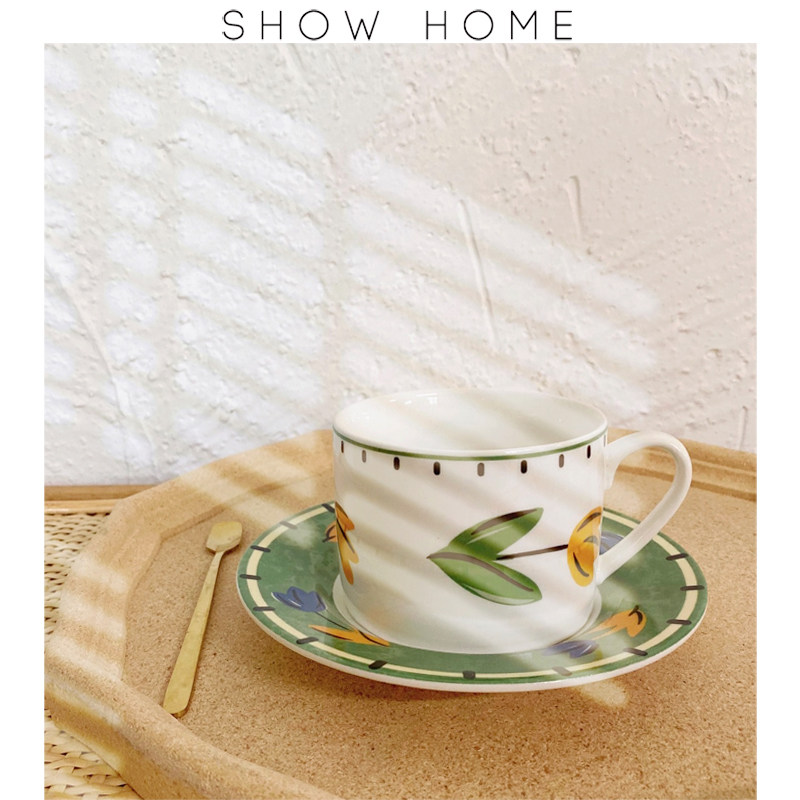 SH复古手绘郁金香陶瓷咖啡杯碟套装早餐盘法式下午茶高级感杯子