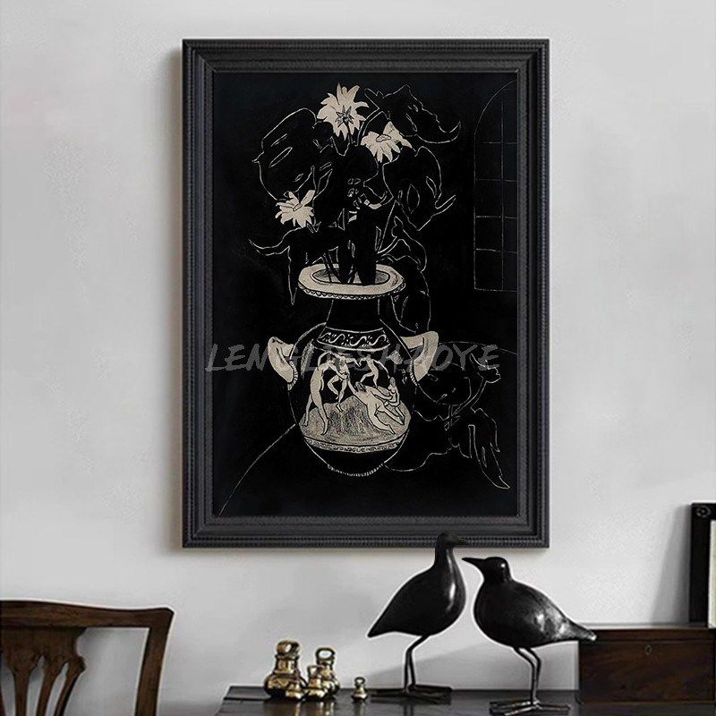 黑色系抽象花瓶人物图案装饰品摆件客厅玄关中古风挂画纯手绘油画
