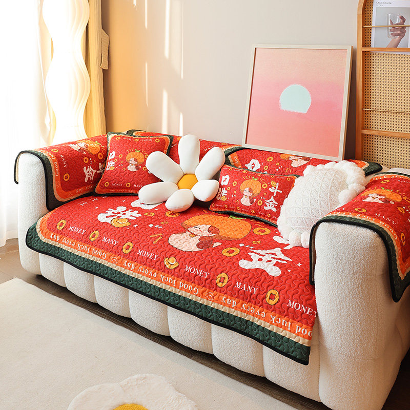 国潮红色喜庆沙发坐垫四季布艺组合防滑靠背扶手巾时尚婚庆垫子罩