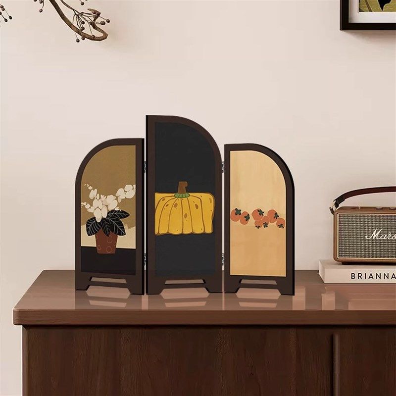 中古风桌面摆件小屏风茶室家居电视边柜高级感玄关装饰画复古摆画