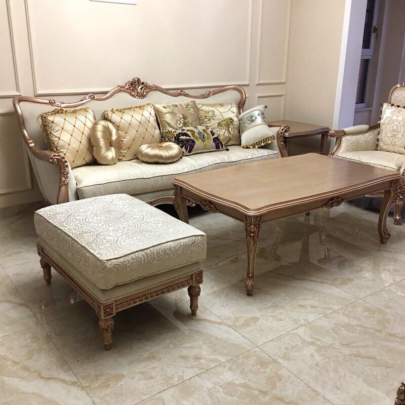 欧式新古典布艺脚踏 玫瑰金金色实木雕花 配套法式客厅家具沙发凳