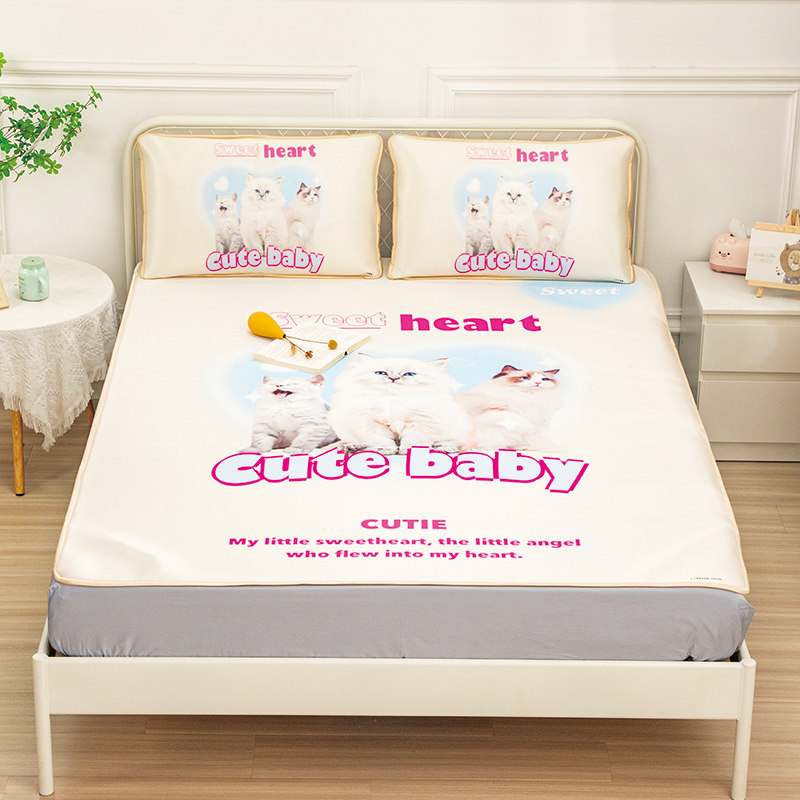 可爱小猫冰丝席三件套夏季床垫可机洗席子宿舍单人可机洗折叠凉席,床上用品,冰丝席,淘宝优惠券,粉丝福利购,淘宝优惠卷
