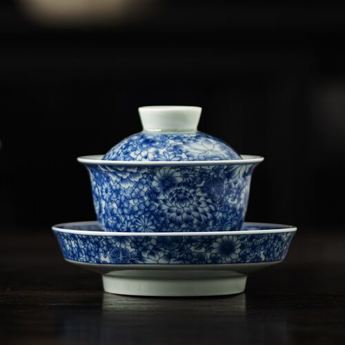 青花瓷三才盖碗单个仿古家用泡茶碗陶瓷大号敬茶茶杯功夫茶具茶碗