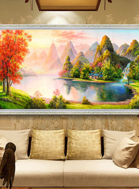 新款客厅装饰画沙发背景墙聚宝盆旺财山水画布料欧式风景油画画芯