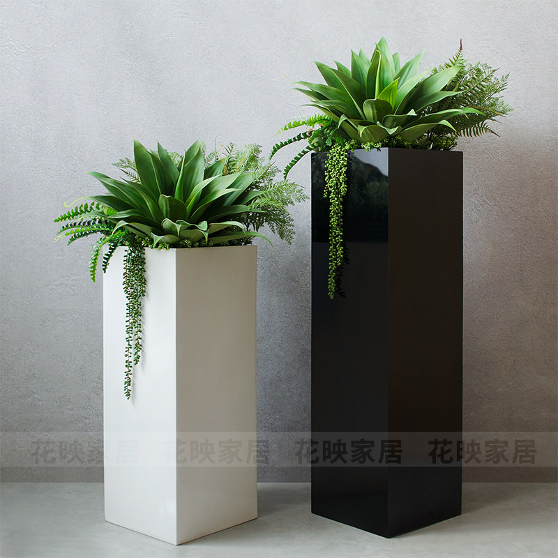 现代方形落地大花瓶插绿植花艺玻璃钢花器酒店售楼处商场软装饰品