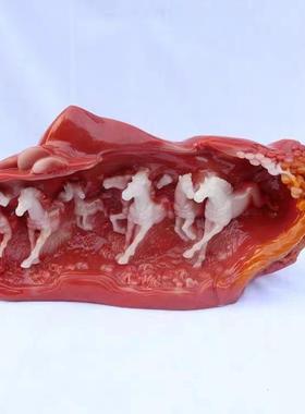 玉石八骏图摆件寿山石芙蓉石工艺品奇石原石石雕居家办公乔迁送礼