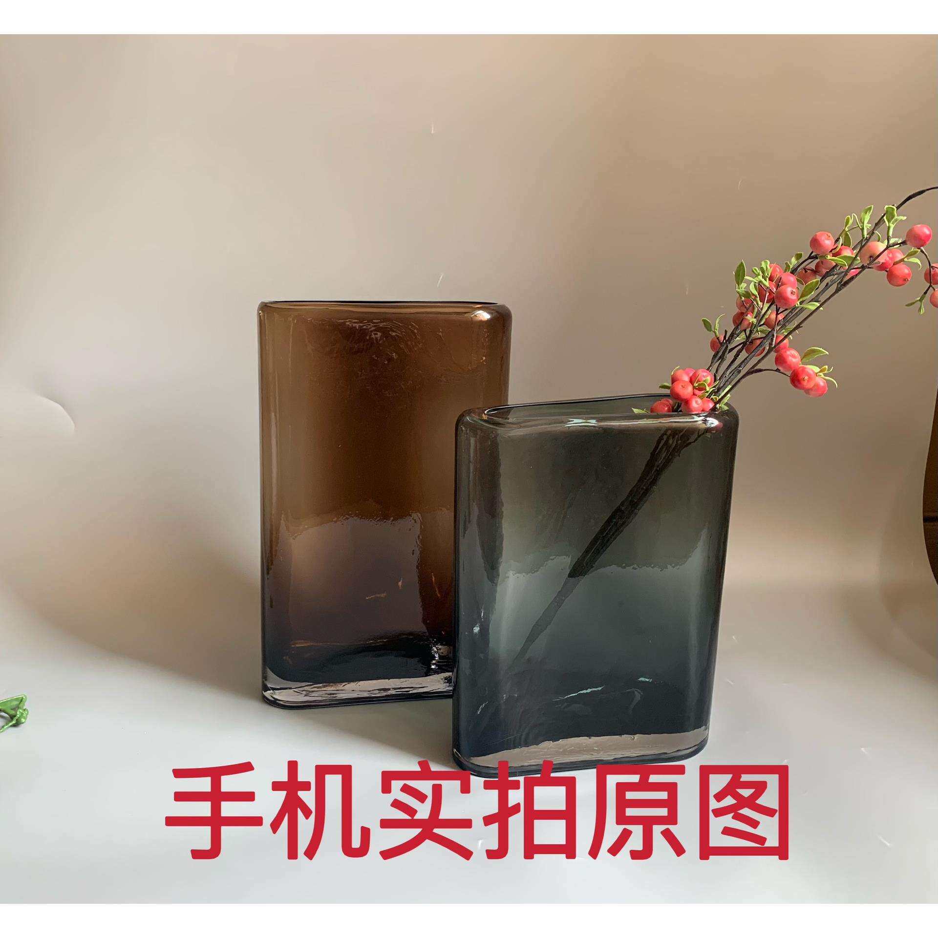 现代简约大口径琉璃花器咖色水培花瓶客厅卧室插花装饰品摆件