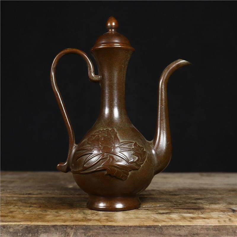 复古牡丹高把壶铜酒壶古玩铜器铜摆件打磨细器型厚重老道