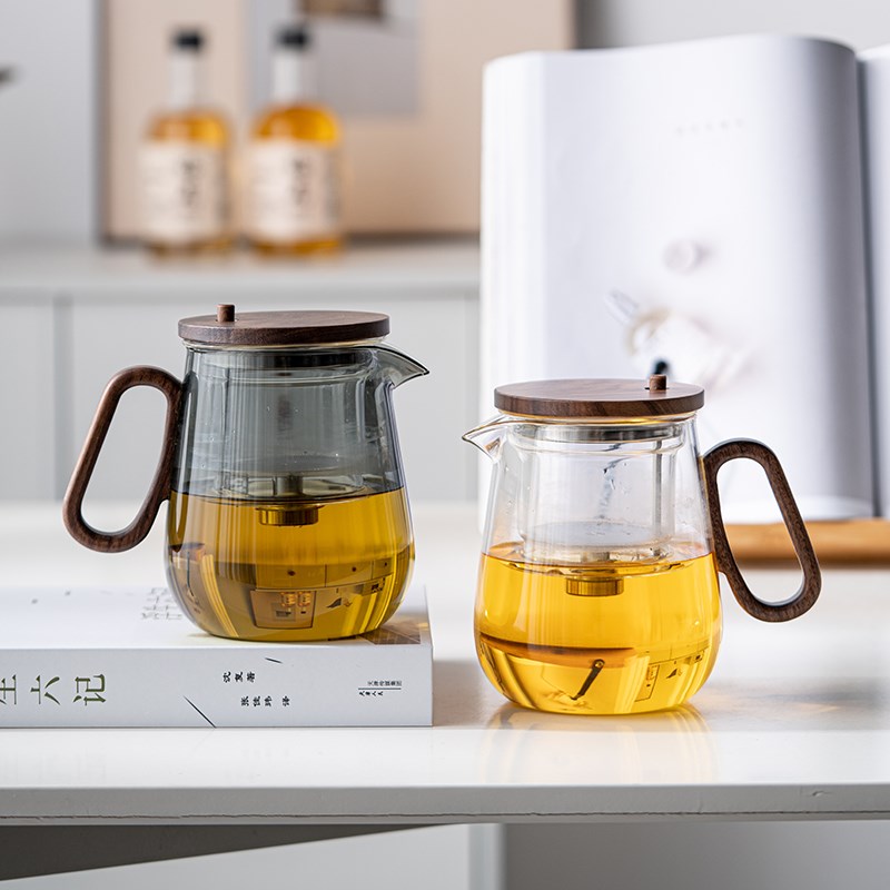 瑞灵胡桃木盖飘逸杯泡茶壶玻璃飘逸茶壶茶壶一键茶水分离按压式