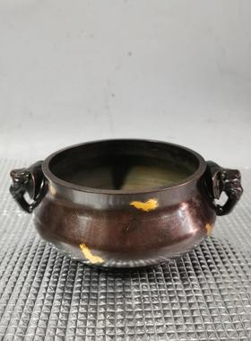 仿古香炉铜象耳平口炉黄铜仿紫铜色点金复古工艺 家居装饰工艺品