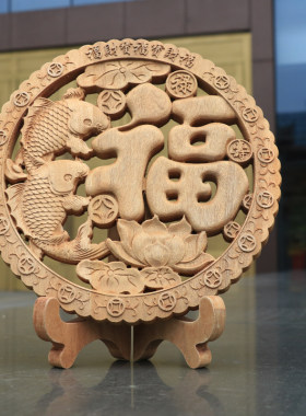 东阳木雕香樟木摆件办公桌子实木壁饰客厅酒柜装饰中式壁挂门对门