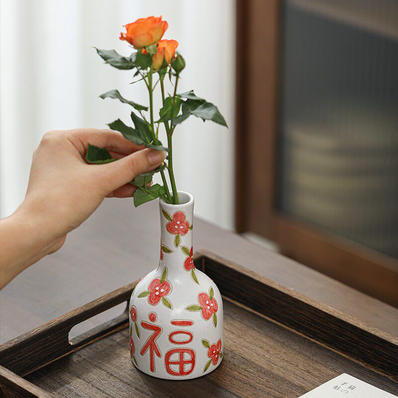 喜福字复古小花瓶手绘陶瓷水养花插新婚结婚婚房摆件中式粗陶瓶子
