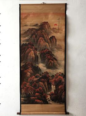 中堂画古玩字画仿古做旧客厅装饰画大千新国画卷轴画山水鸿运当头