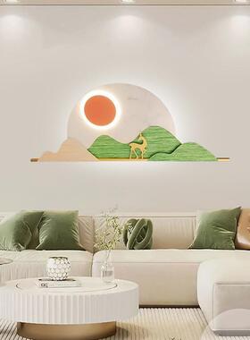 北欧绿色小清新客厅装饰画简约高档原木风LED沙发背景墙山水灯画