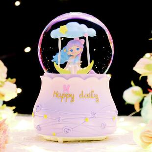 秋千一梦可爱卡通女孩子发光发亮八音盒水晶球内转飘雪水球