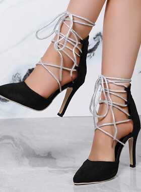 2024新款欧美水钻绑带尖头丝后拉链Strappy sandals