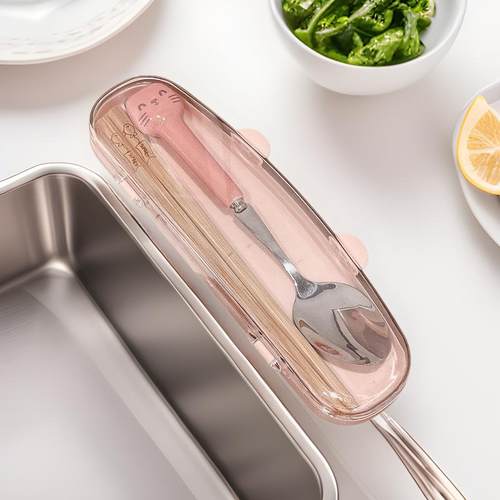 创意不锈钢餐具盒便携餐盒儿童可爱学生单人装筷子勺子套装两件套