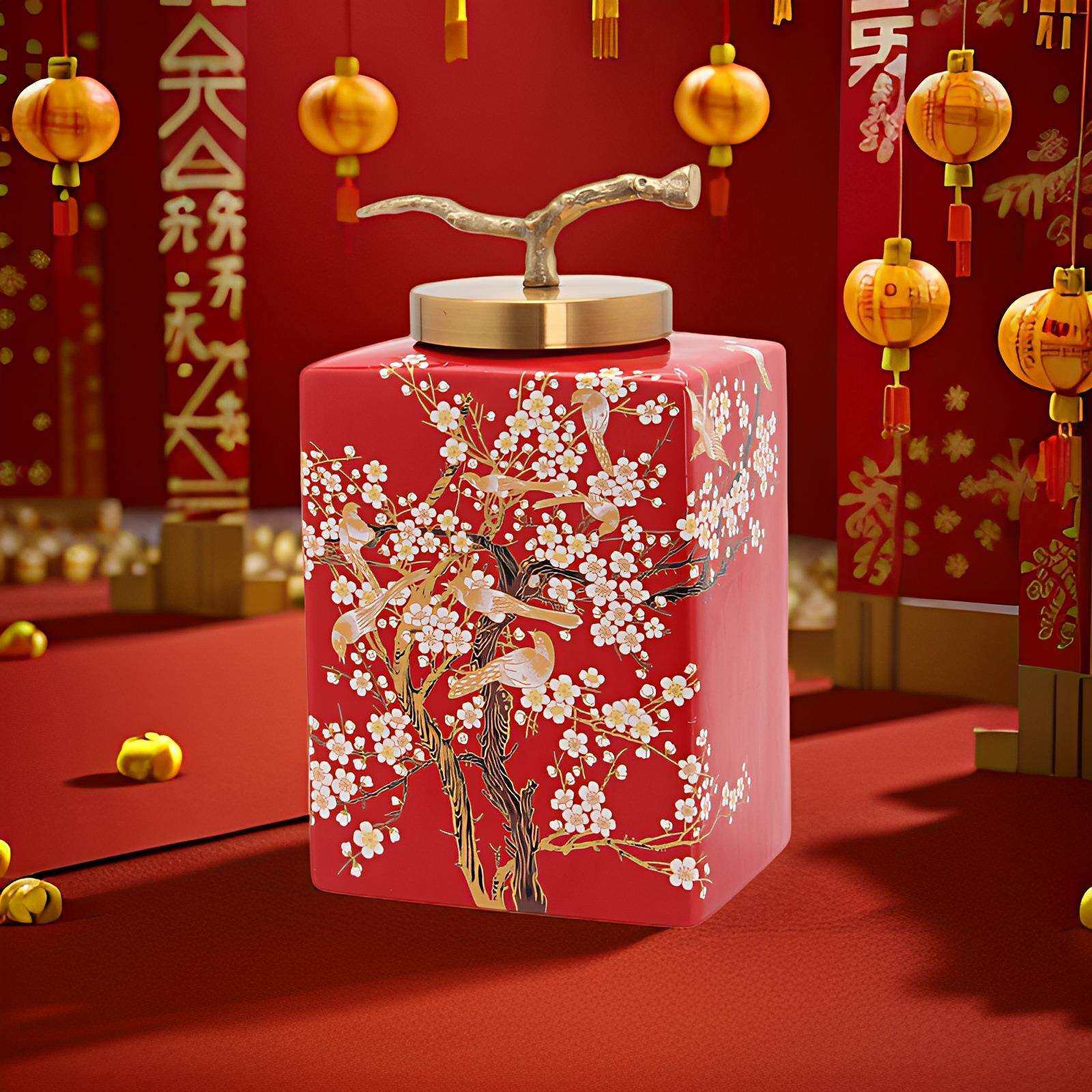 新中式过年四方储物陶瓷罐玄关桌面工艺品轻奢摆件花瓶花插